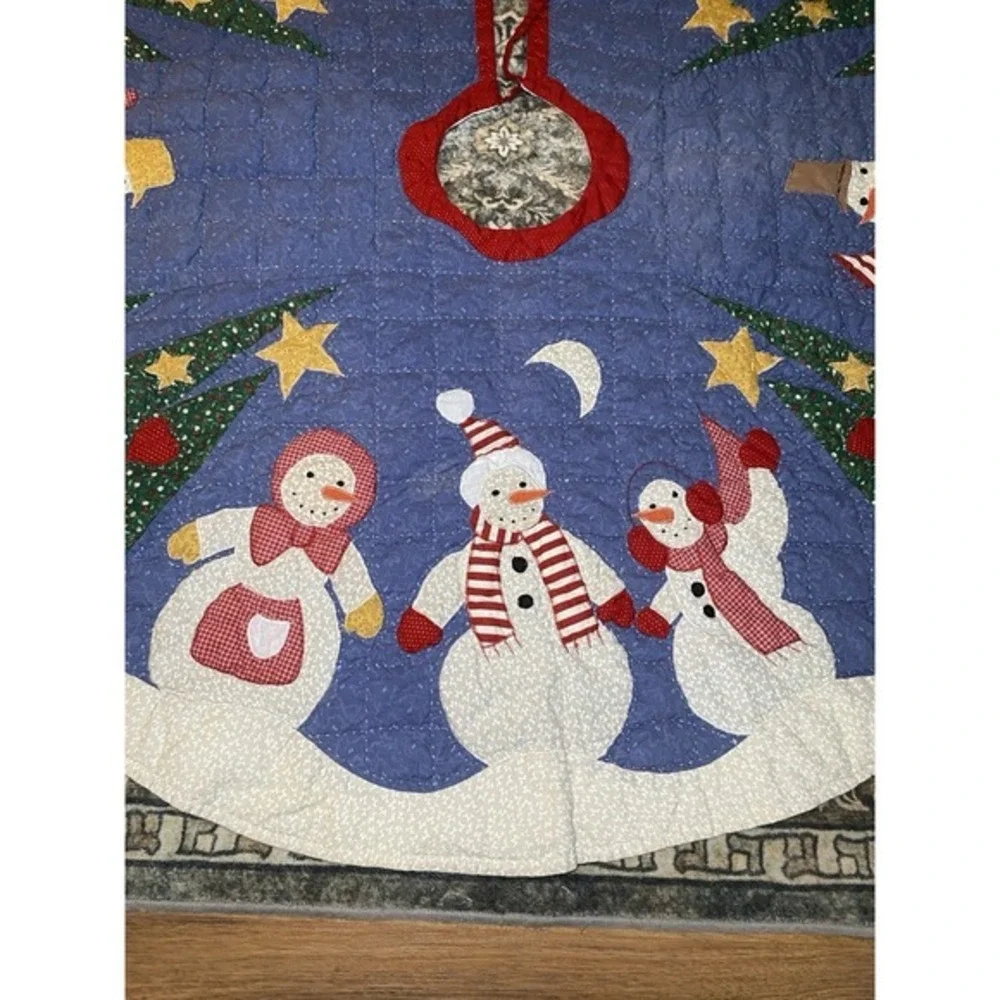 Vintage Quilted Applique‎ Christmas Tree Skirt Snowman Frosty